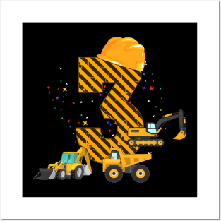 Kids 3rd Birthday Digger gift 3 Years Builder Excavator Gift Posters and Art